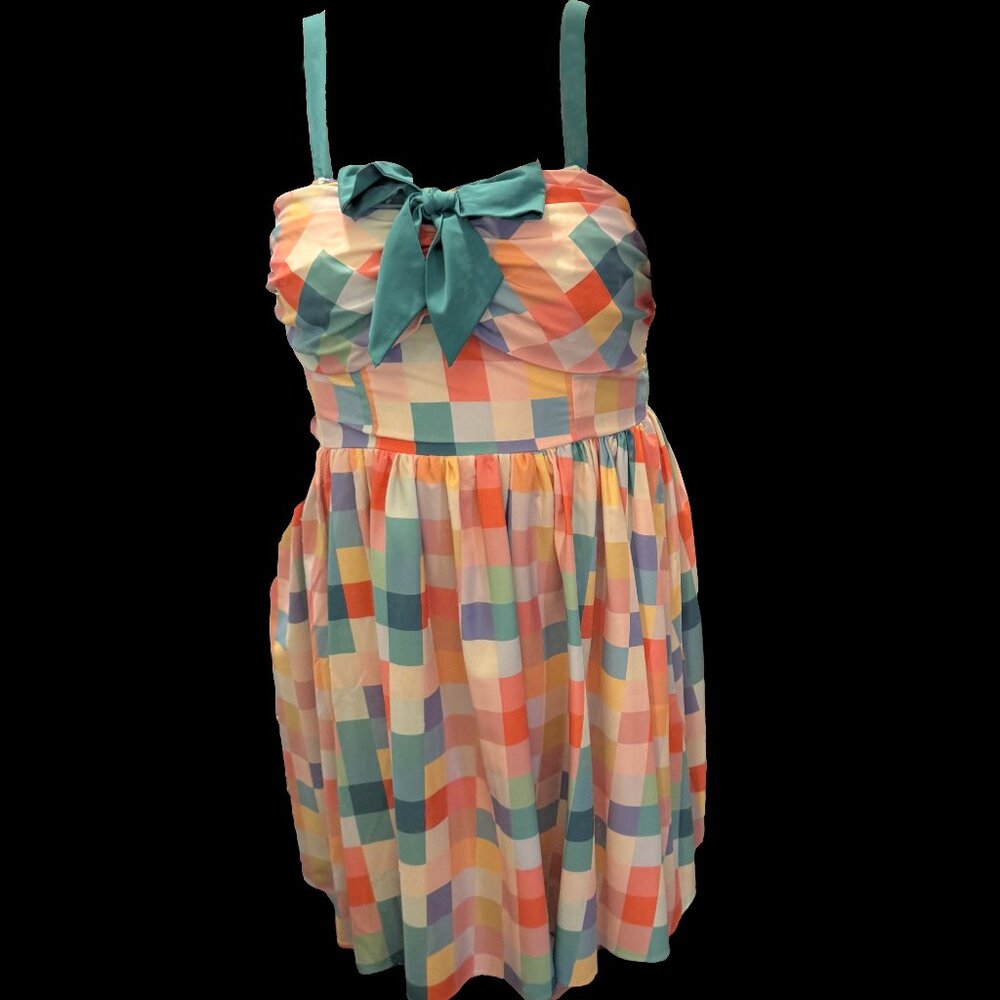 Unique Vintage - Pastel Rainbow Checkered Golightly Flare Dress (Size 2X/18)